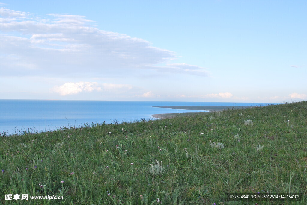 草原边的辽阔蓝色水域