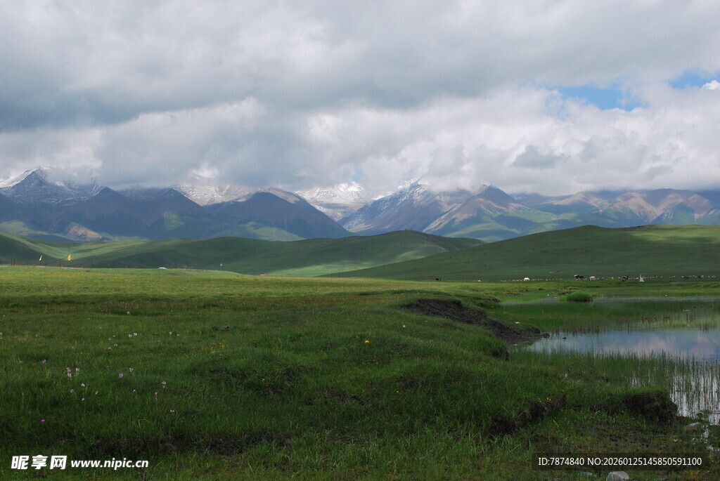 草原湖泊与远山美景