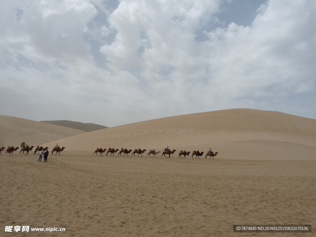沙漠驼队穿行于沙丘之间