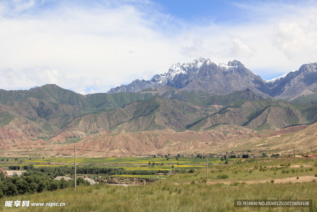 壮丽山景下的广袤绿野