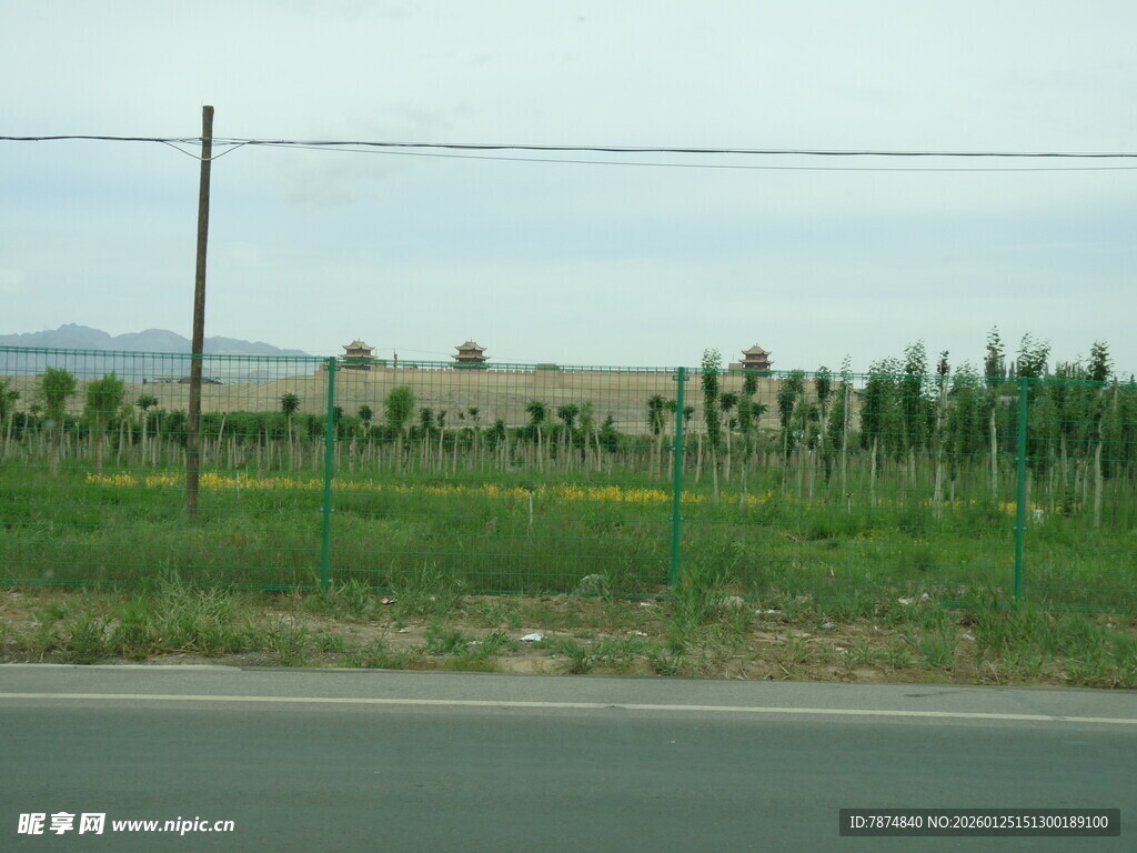 公路旁的田野与远处建筑