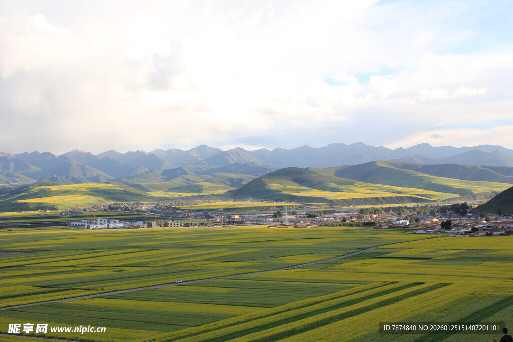 广袤油菜花田与远山美景