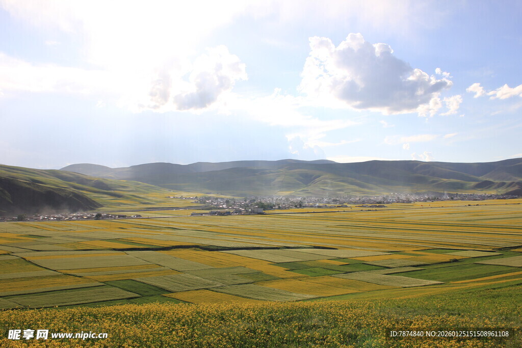 广袤田野与远山蓝天白云