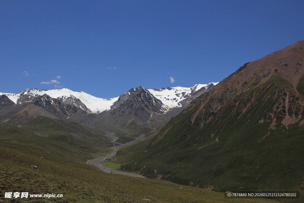 雪山下的翠绿山谷