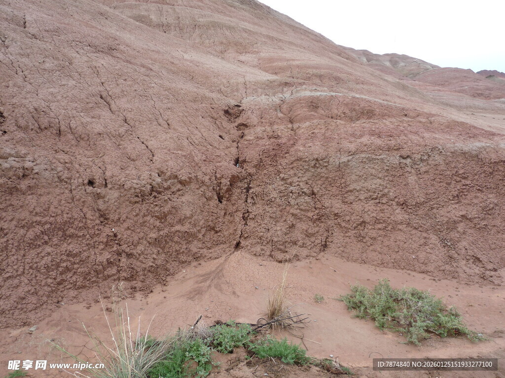 红土山坡与零星绿植
