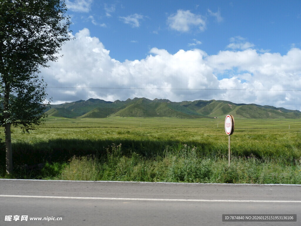 公路边的绿野与蓝天白云