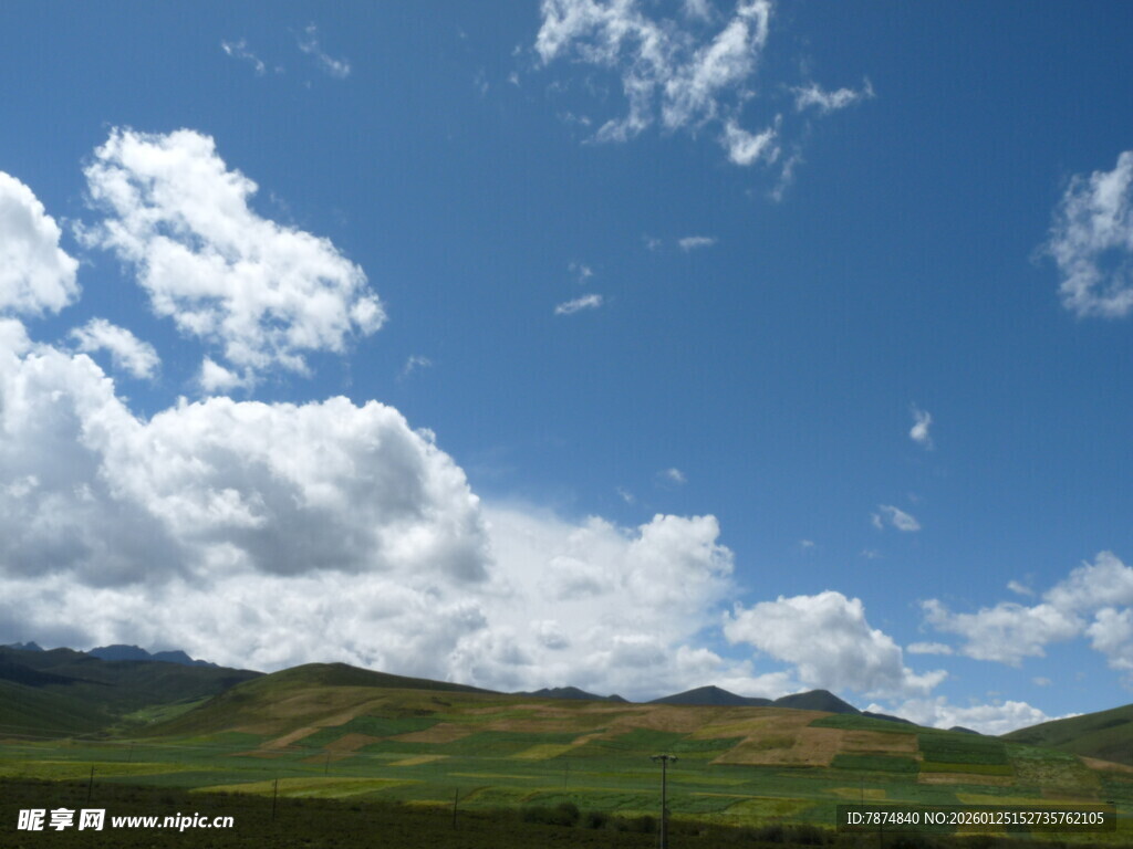 蓝天白云下的绿色原野