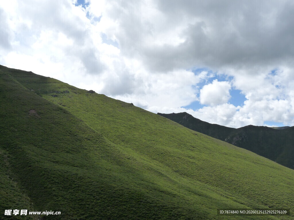 翠绿山坡与蓝天白云
