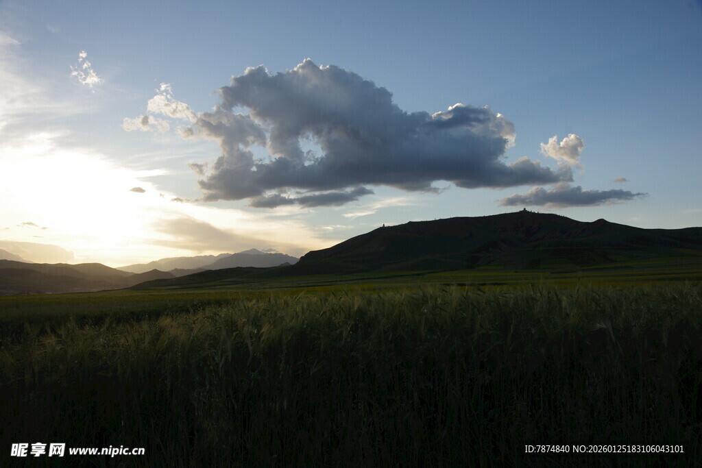 夕阳下的草原与远山景色