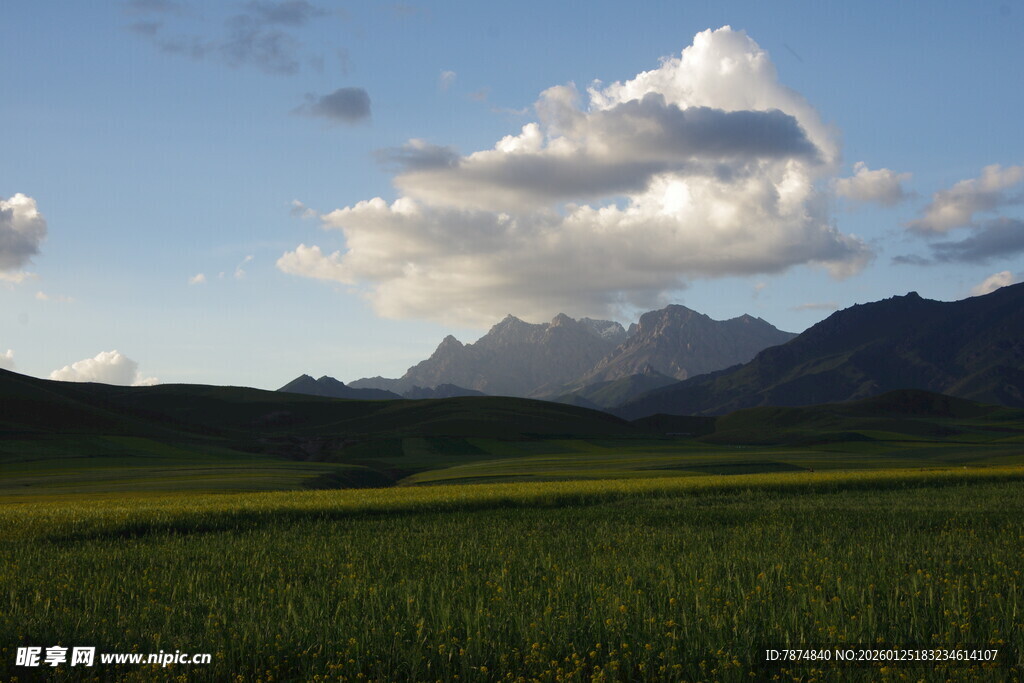 草原远山与云朵美景