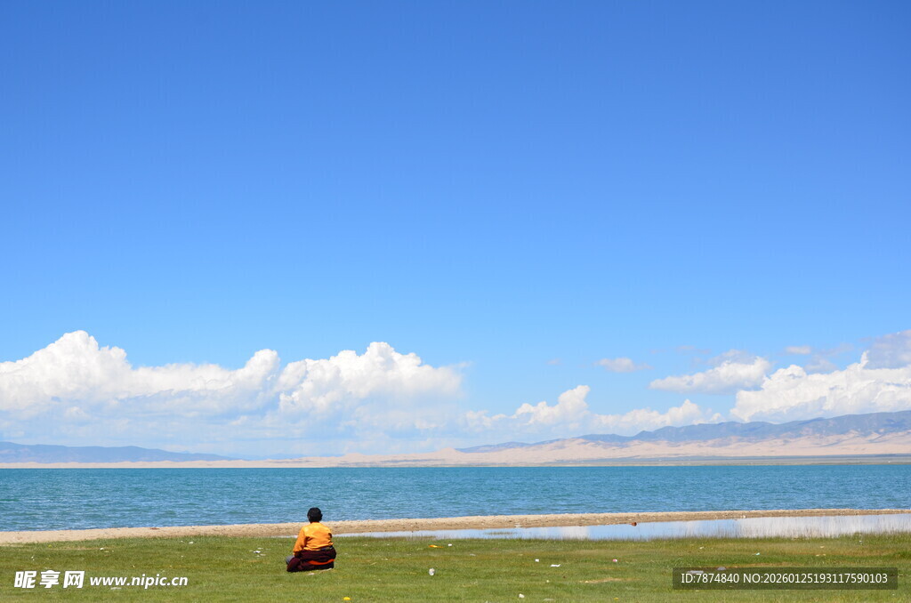 草原湖畔的悠然独行者