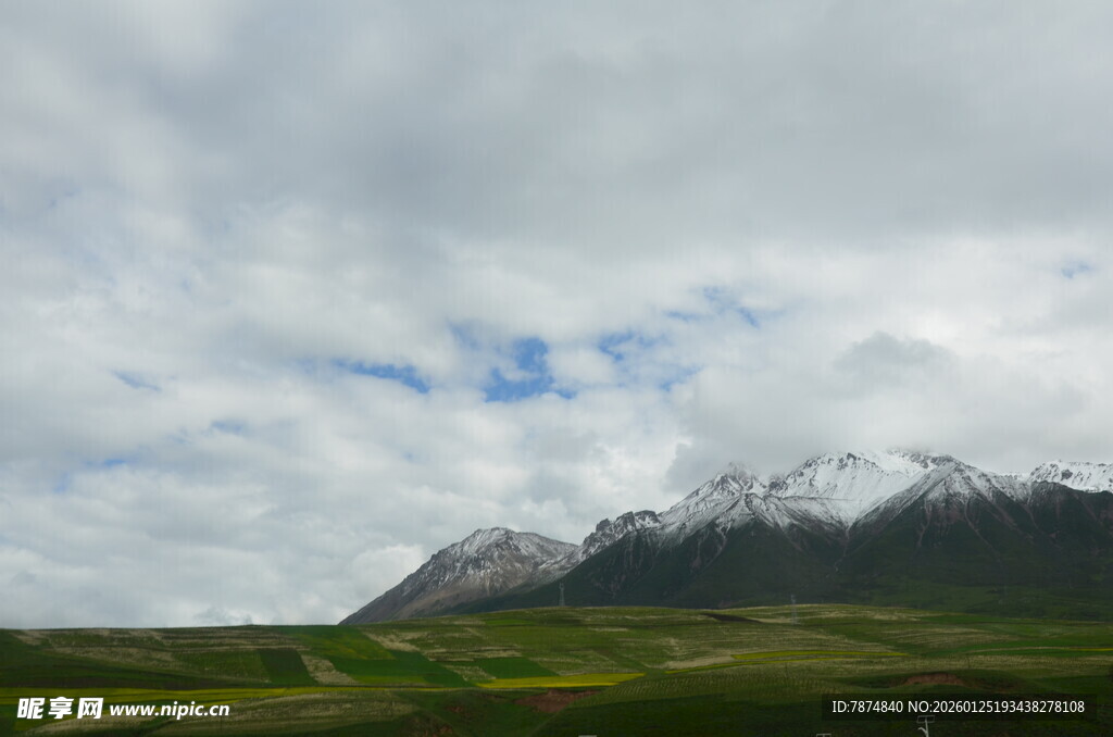 雪山下的广袤绿野风光