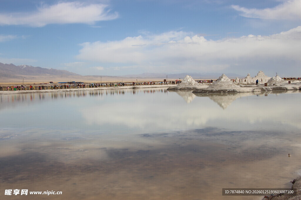 平静盐湖 蓝天白云倒影美