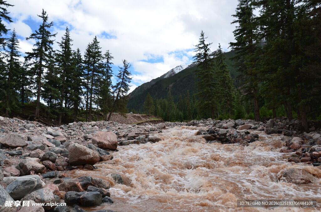 山间湍急的泥泞河流