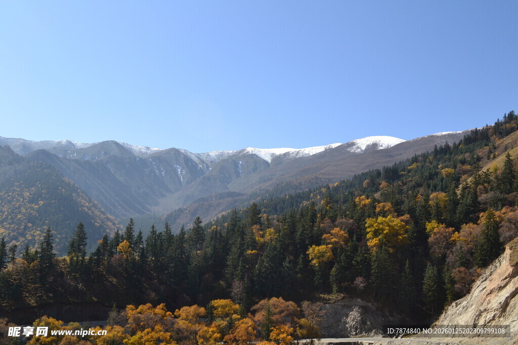 秋日山林间的壮美山脉景色