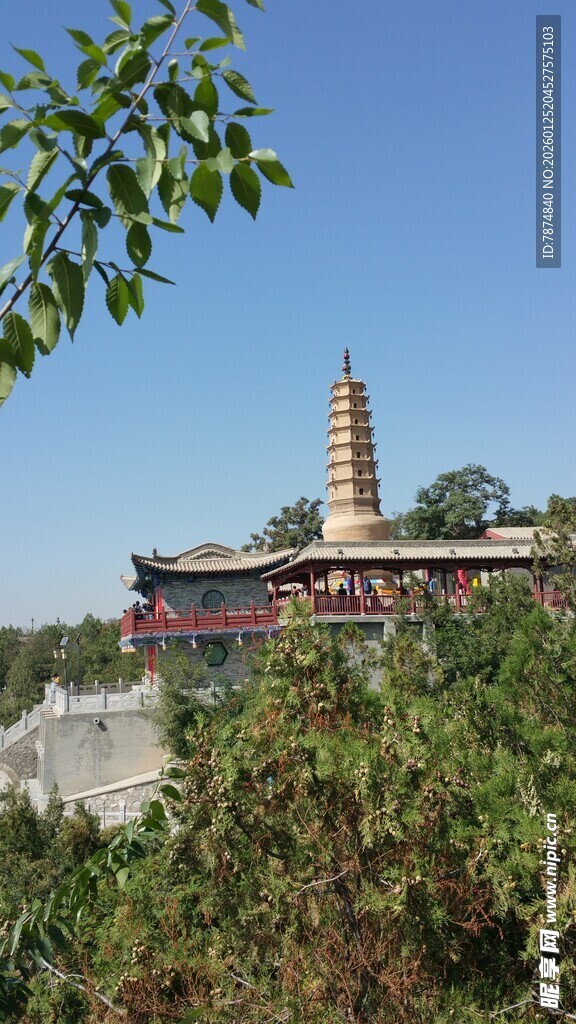 绿树掩映下的古塔建筑