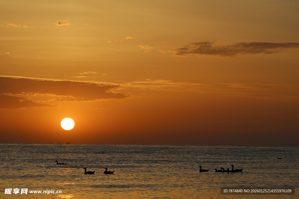 海上日落时的渔船景象