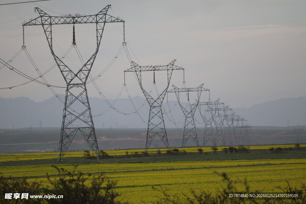 田野间的输电铁塔