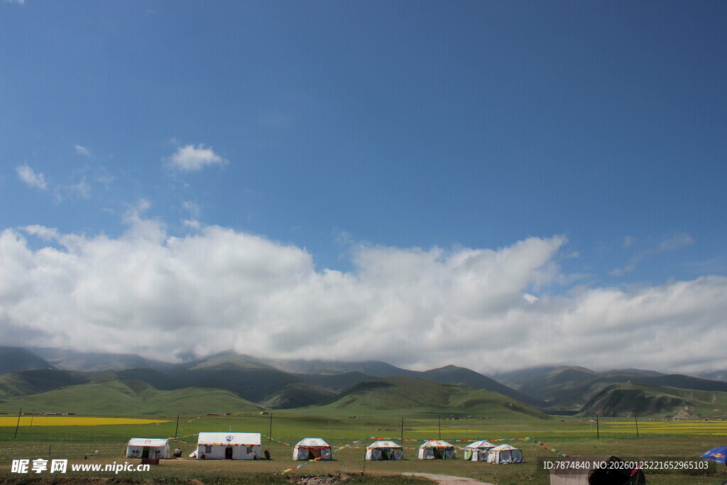 草原上的白色帐篷与蓝天