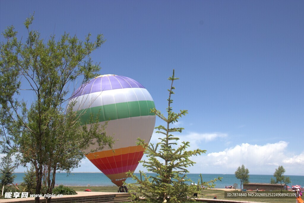 彩色热气球立于开阔场地