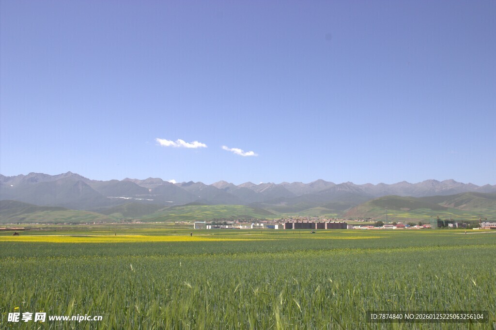 广袤田野与远处山峦风光