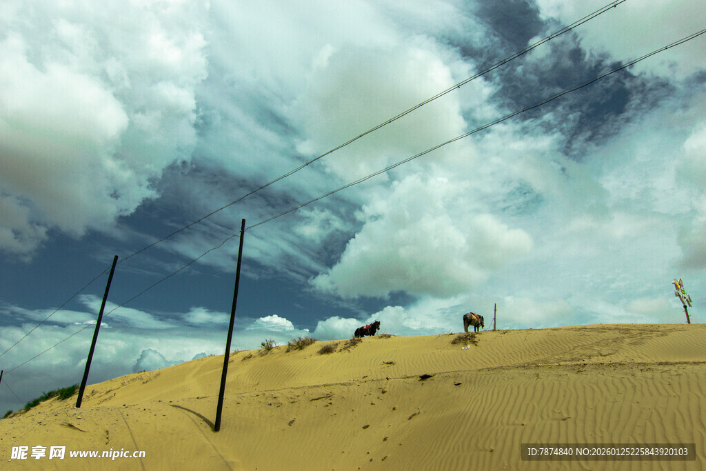 沙漠上的电线与蓝天白云
