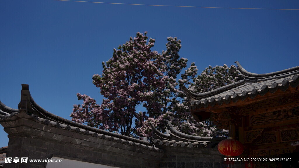 中式屋檐与繁花相映
