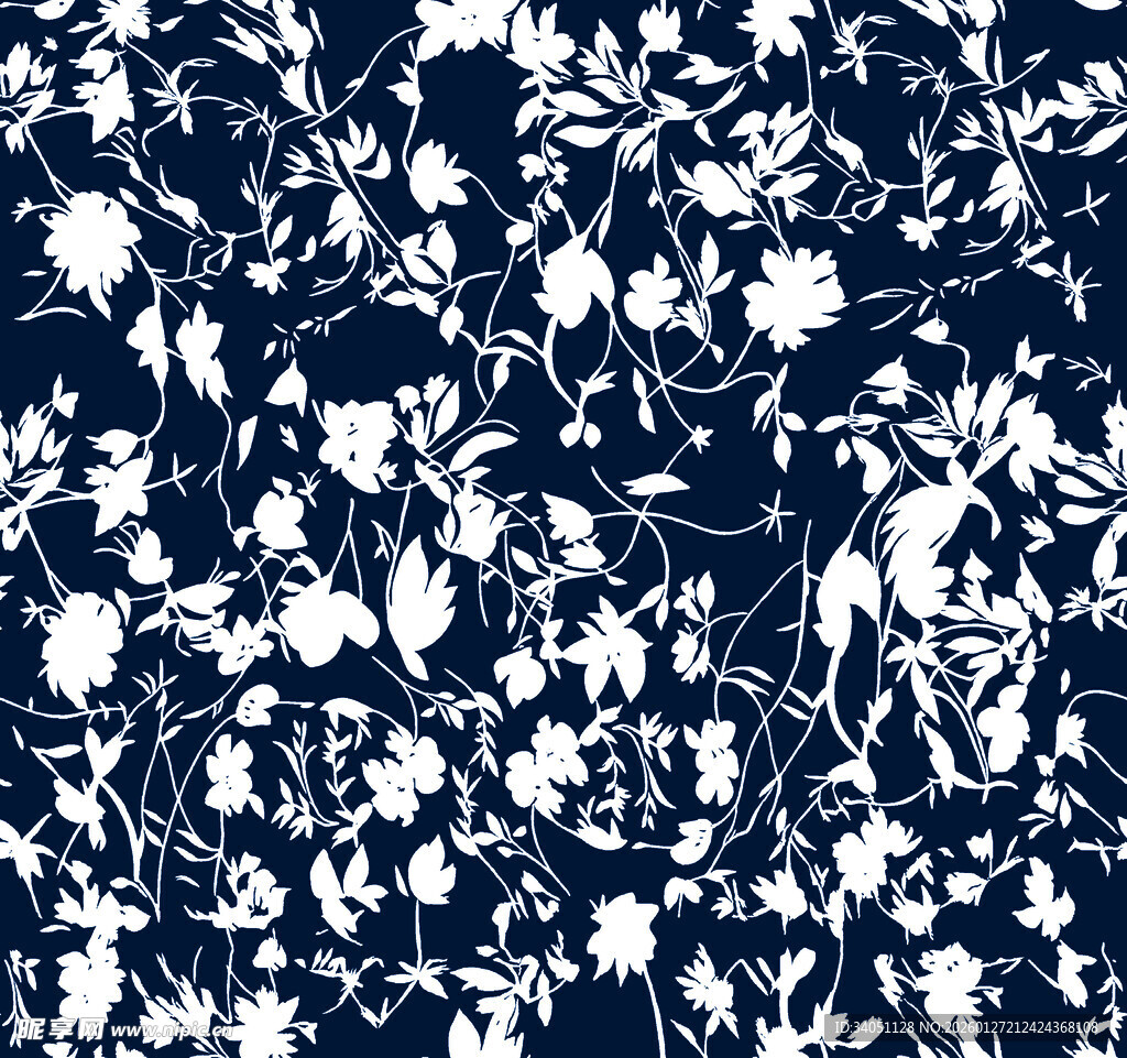 蓝底白花植物图案纹理