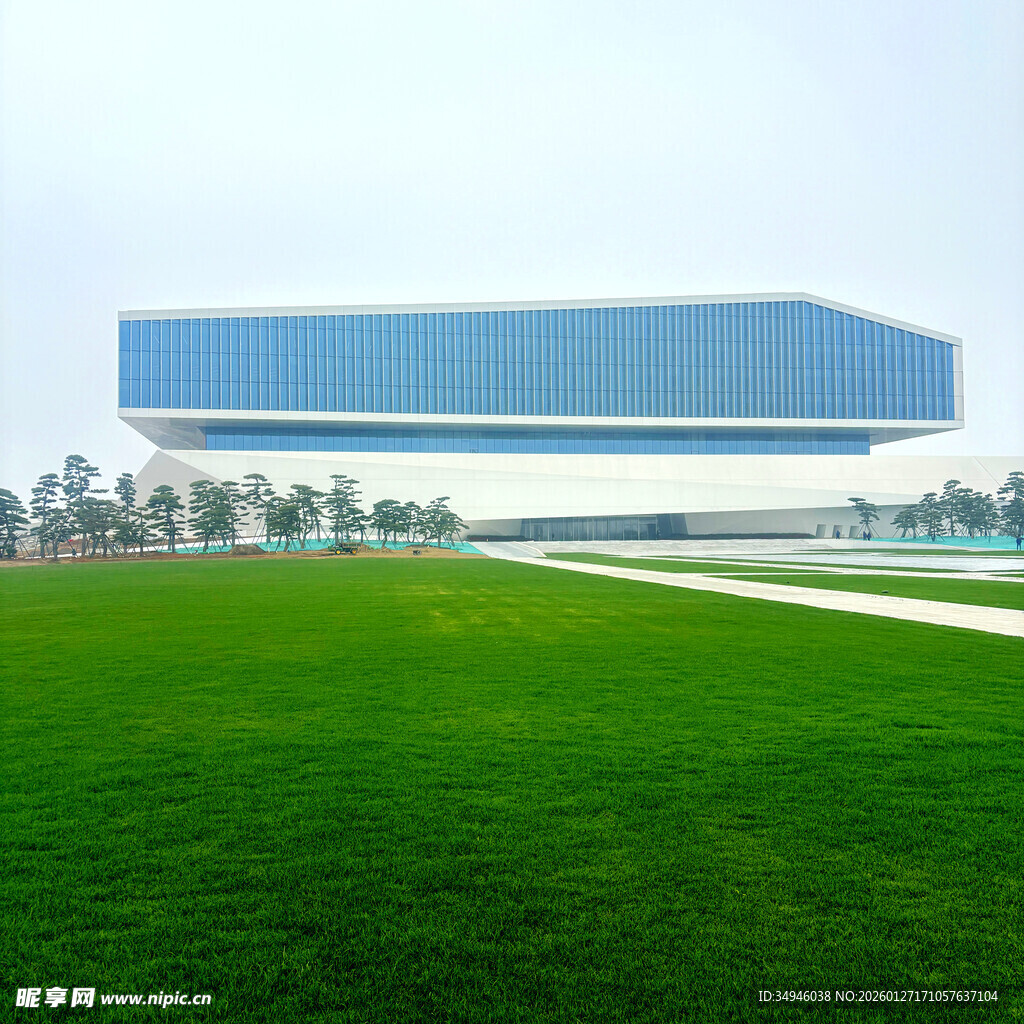 蓝白建筑前的翠绿草坪