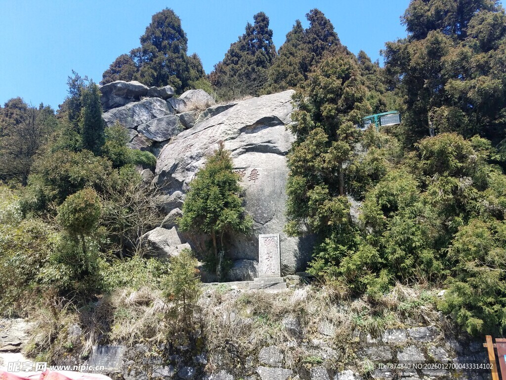 山间巨石与葱郁植被景观