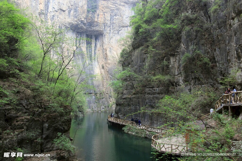 峡谷间的绿水与悬空桥梁