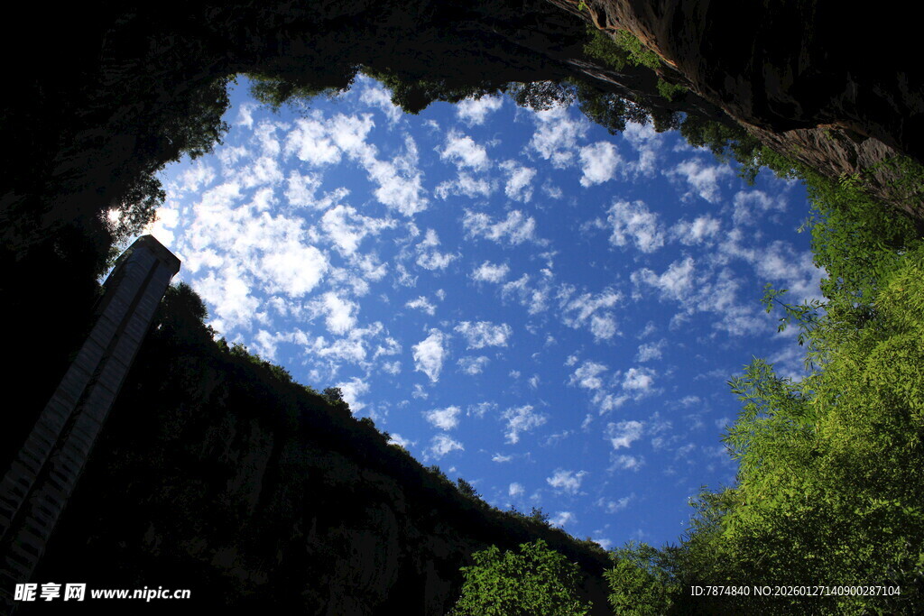 仰望山间蓝天绿树美景