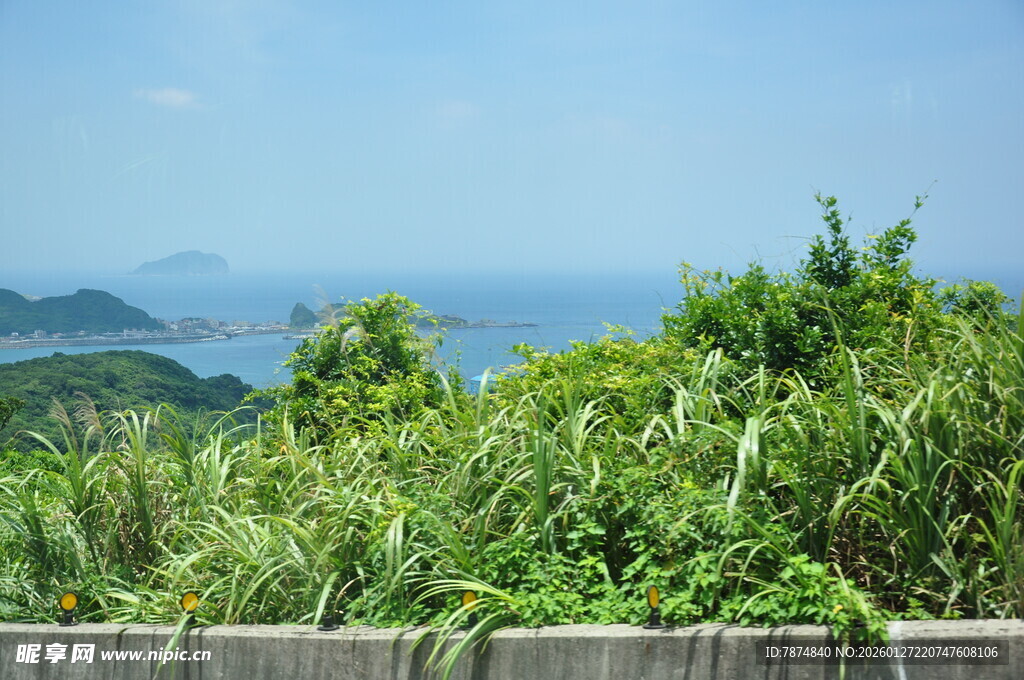 海岸边葱郁植被与远景