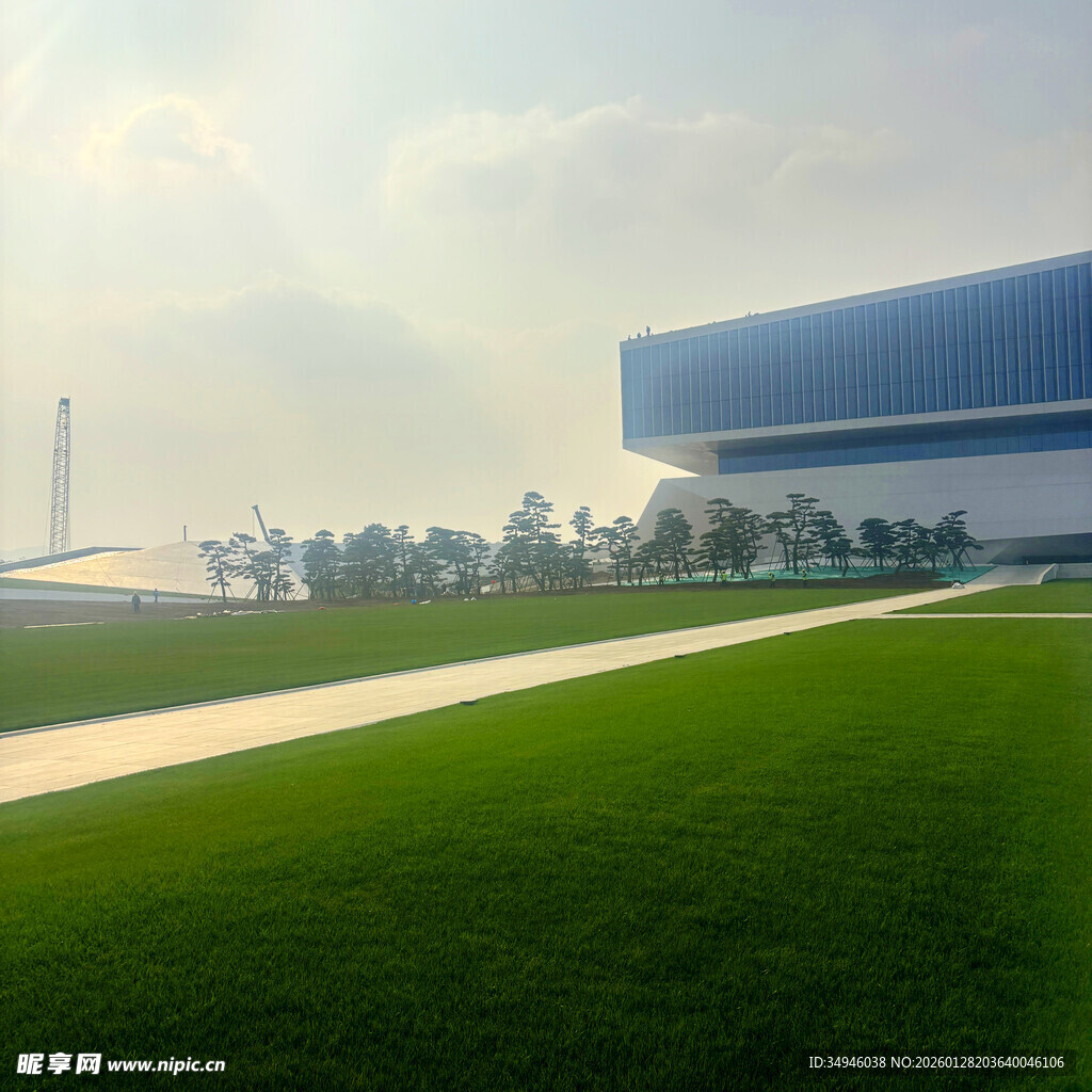 现代建筑旁的翠绿草坪