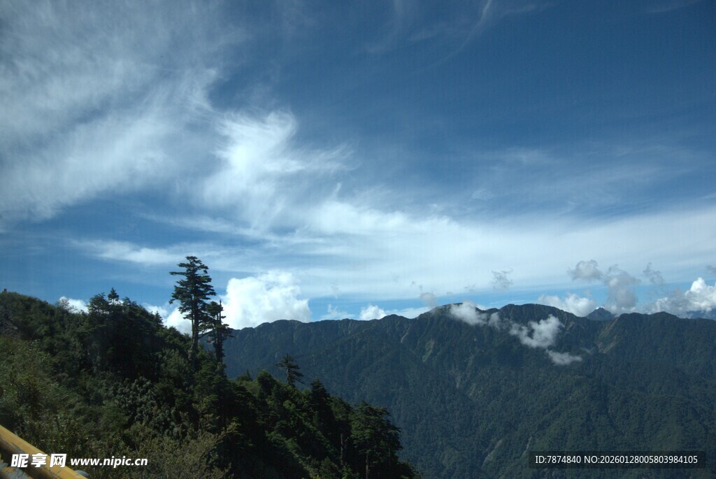 山间美景 蓝天白云伴绿树