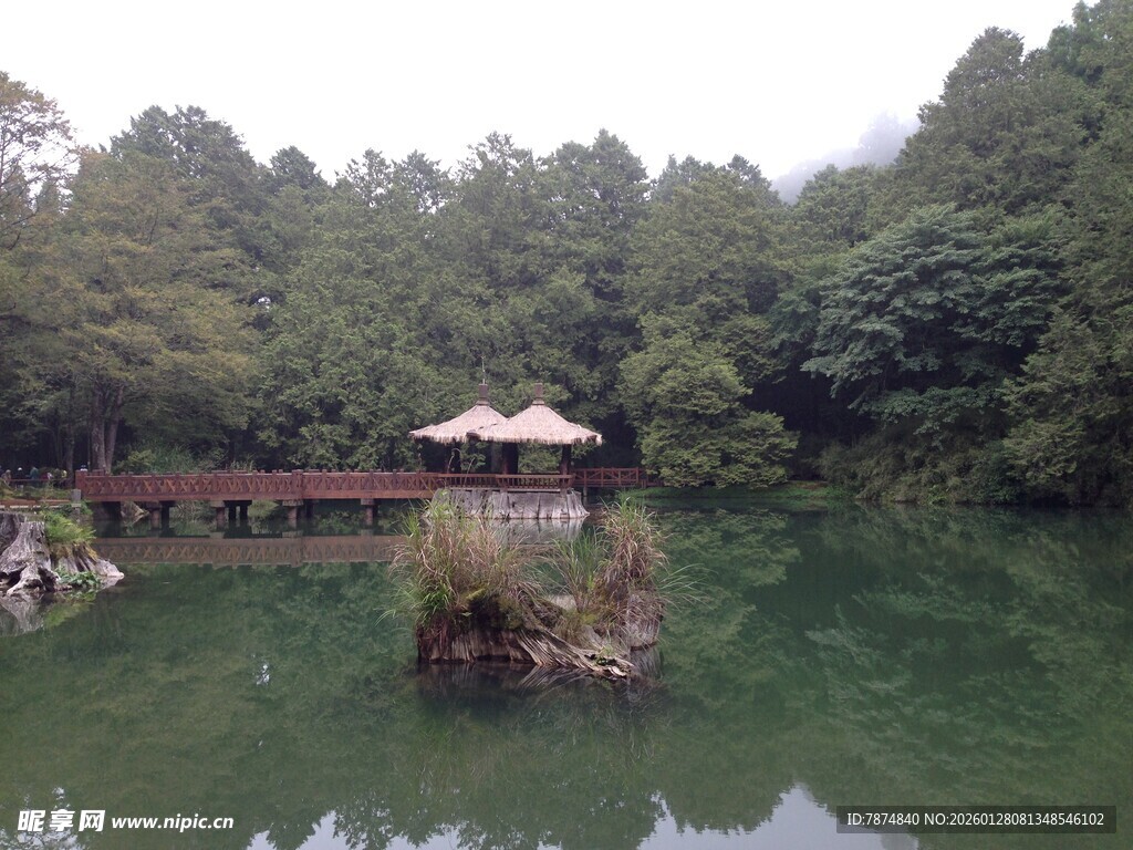 湖中小亭伴葱郁山林