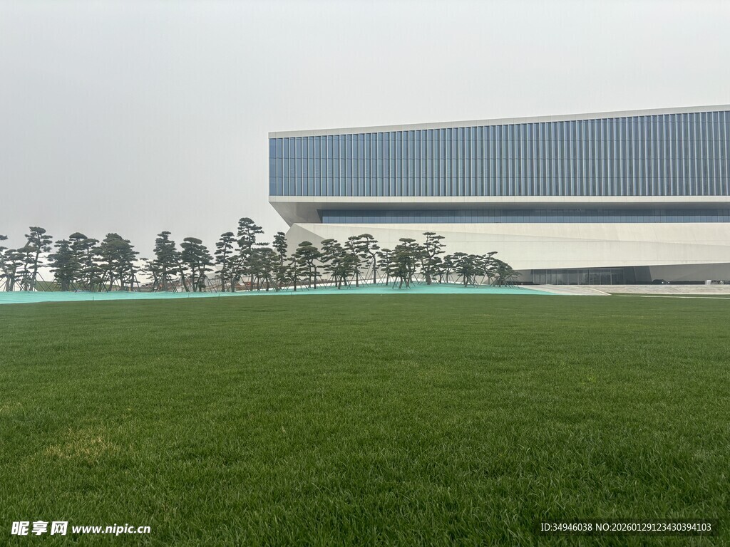 广阔绿地旁的现代建筑