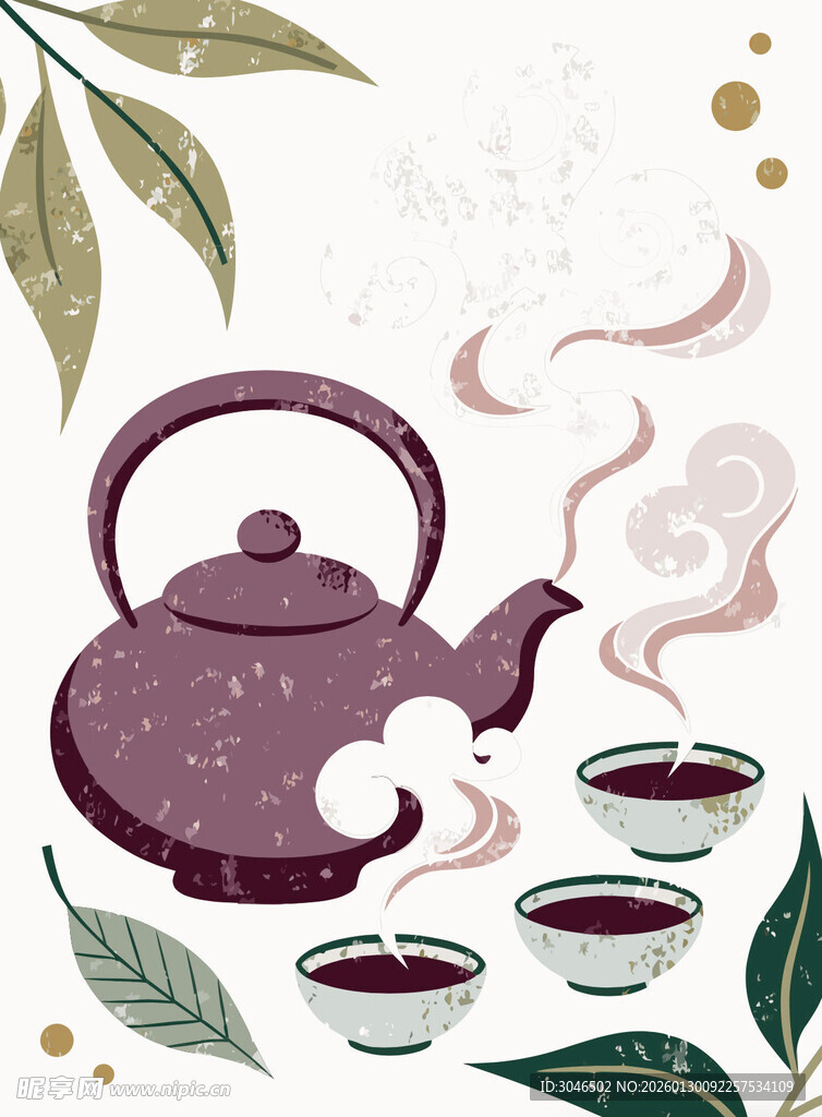 古风茶壶与茶具插画
