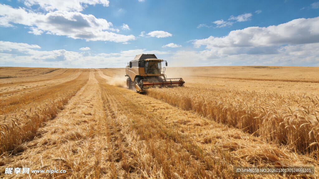 麦田里的联合收割机作业