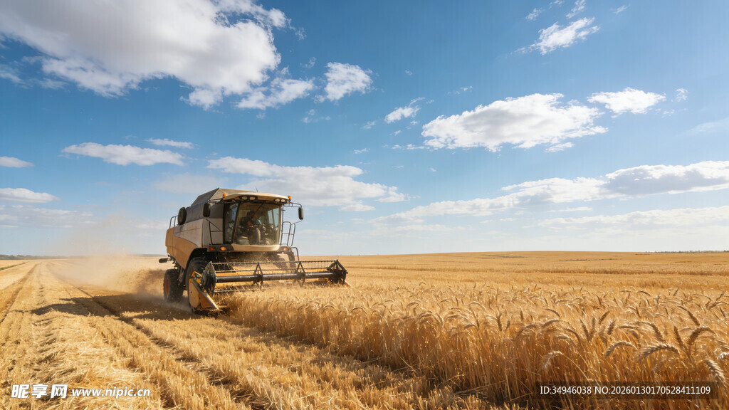 麦田里的联合收割机作业
