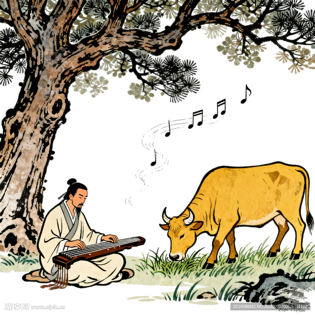 中国风水墨风古人雅士文人树下抚