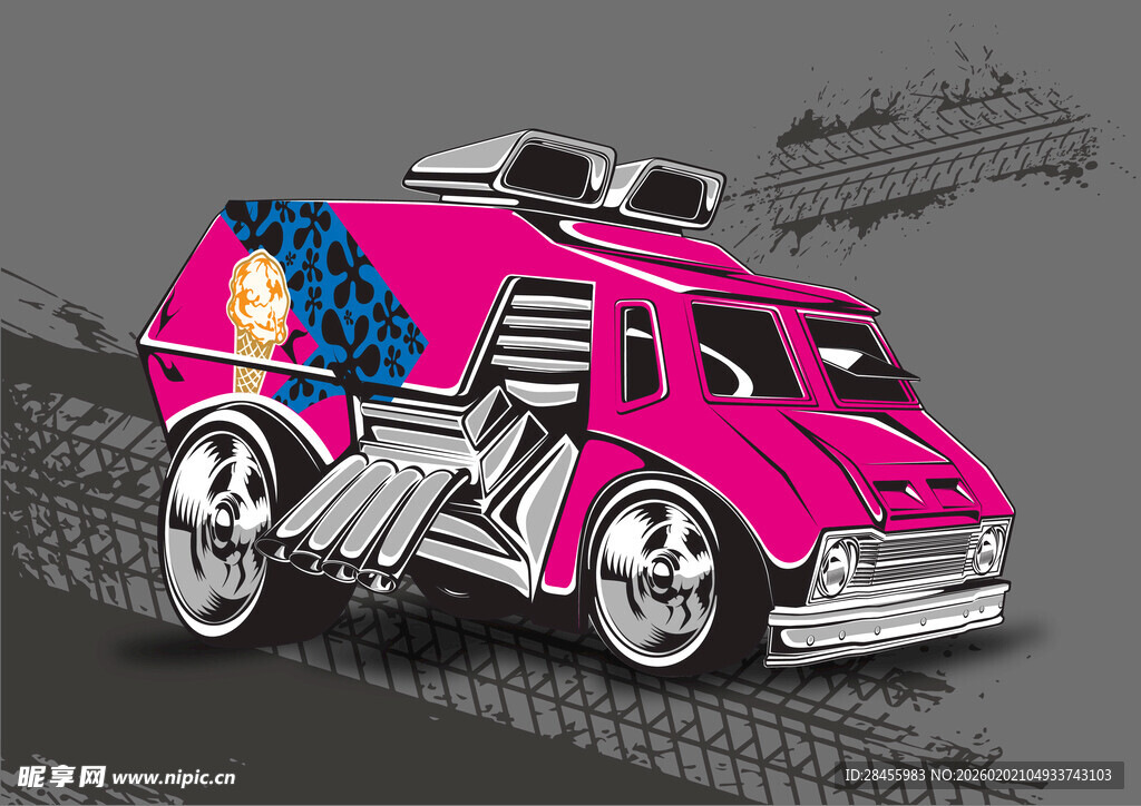 粉色酷炫三轮车卡通插画