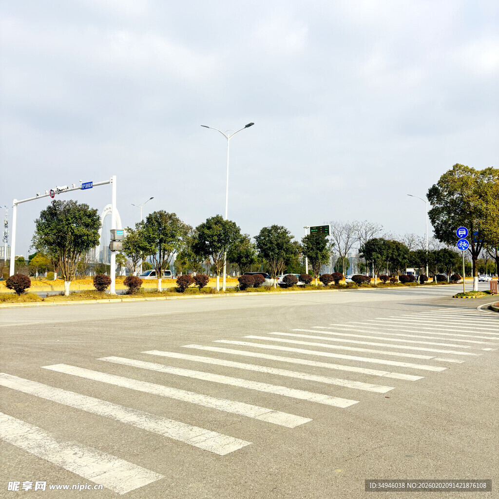 宽阔道路上的斑马线场景