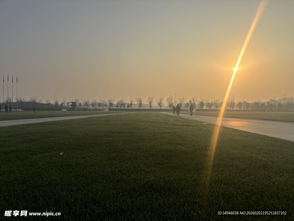 日出下的开阔草地景观