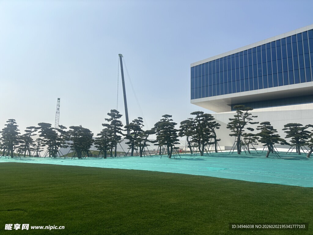 现代建筑旁的开阔绿地景观