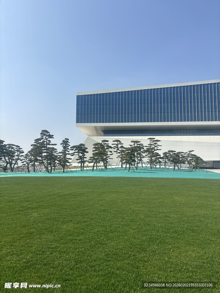 现代建筑前的大片绿草地