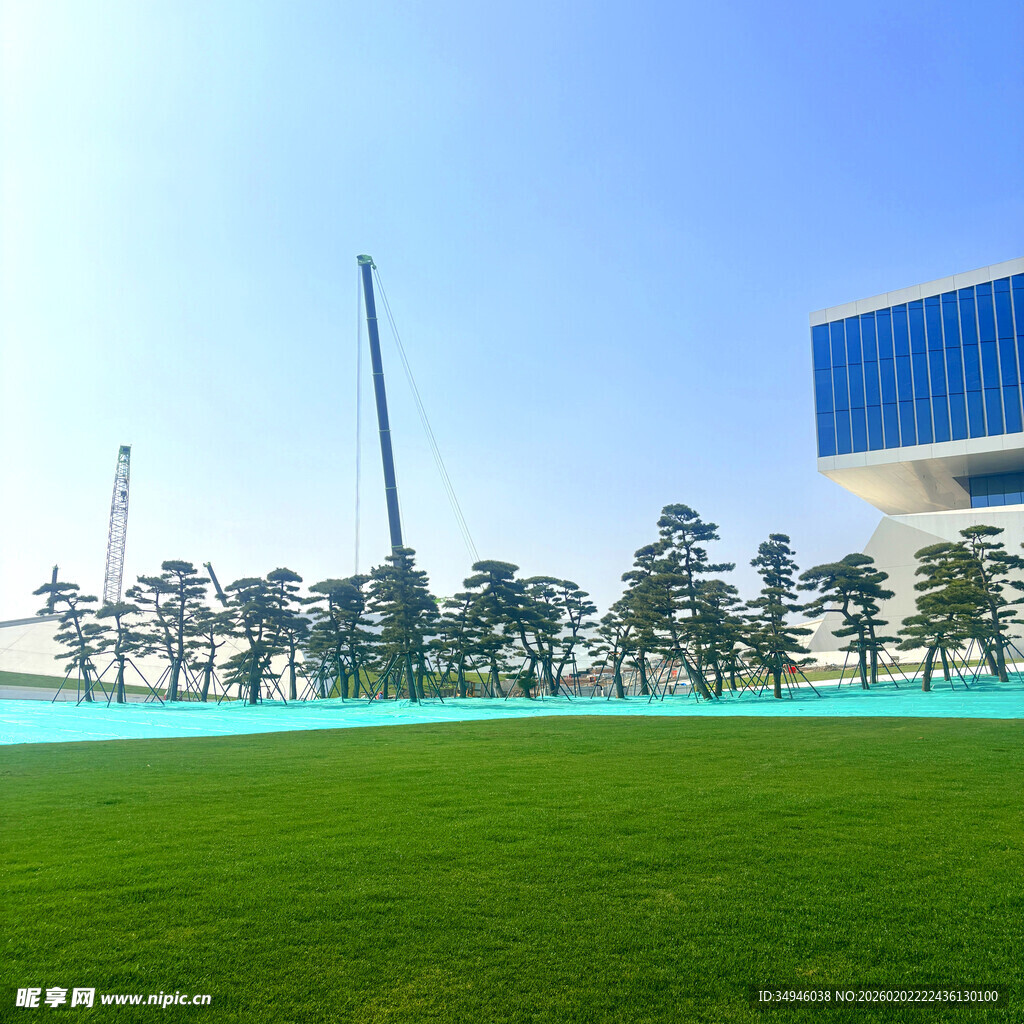 城市绿地旁的现代建筑景观