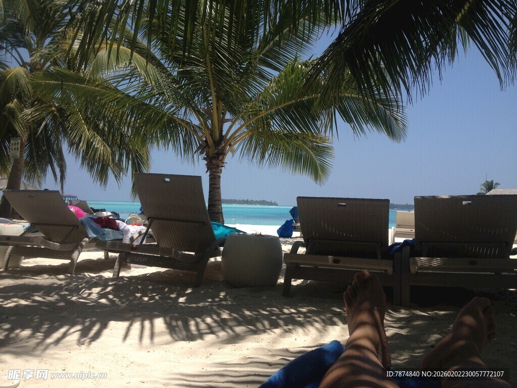 沙滩椰树下的休闲度假场景