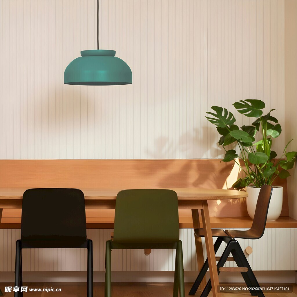 简约室内桌椅绿植吊灯组合