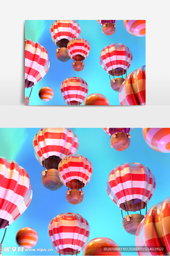 3D 热气球 红白条纹热气球 